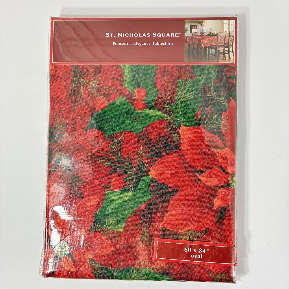 St Nicholas Square Poinsettia Elegance Christmas Fabric Tablecloth 60x84 Oval